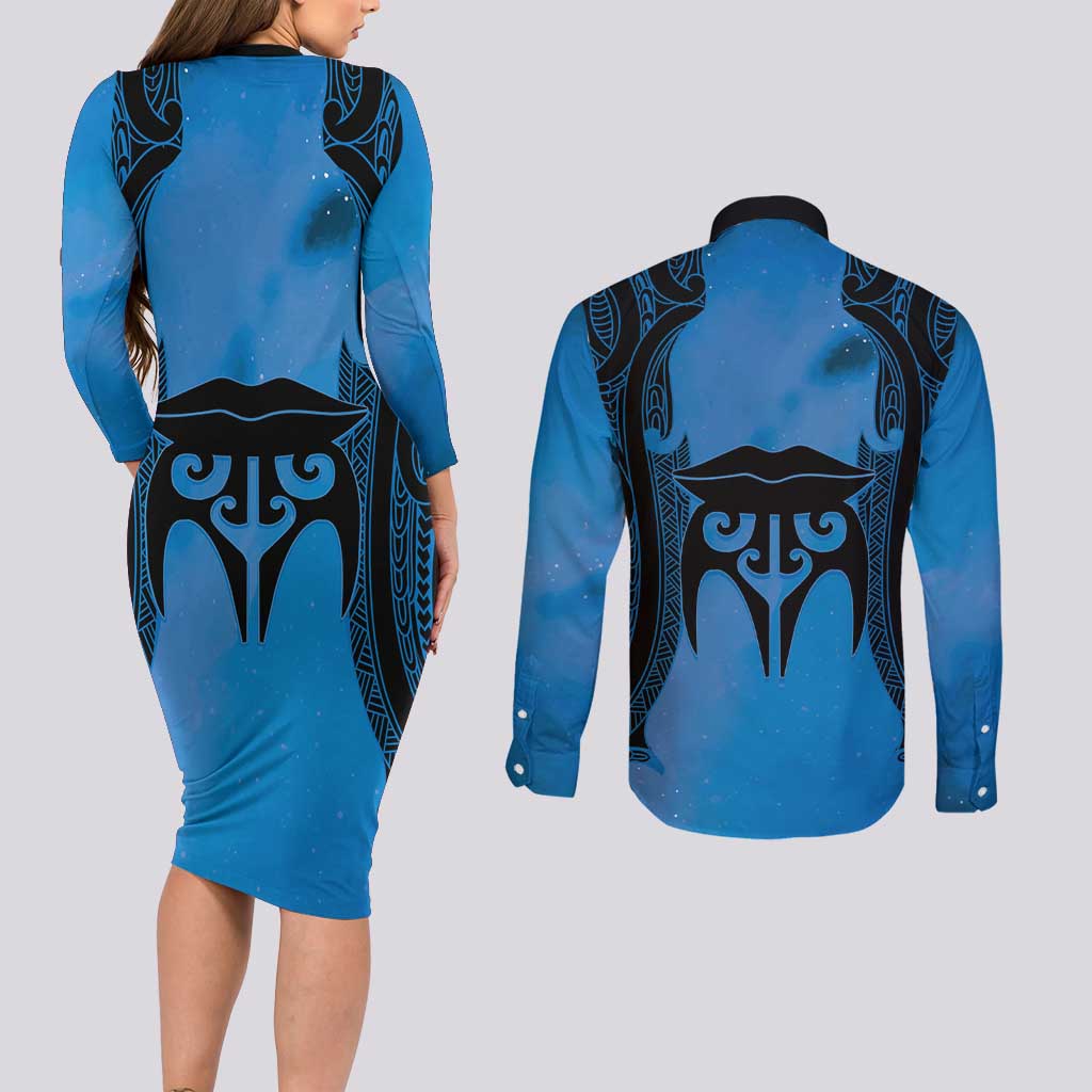 Personalised Moko Kauae New Zealand Couples Matching Long Sleeve Bodycon Dress and Long Sleeve Button Shirt Maori Chin Tattoo Blue - Polynesian Pride