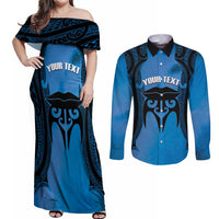 Personalised Moko Kauae New Zealand Couples Matching Off Shoulder Maxi Dress and Long Sleeve Button Shirt Maori Chin Tattoo Blue - Polynesian Pride