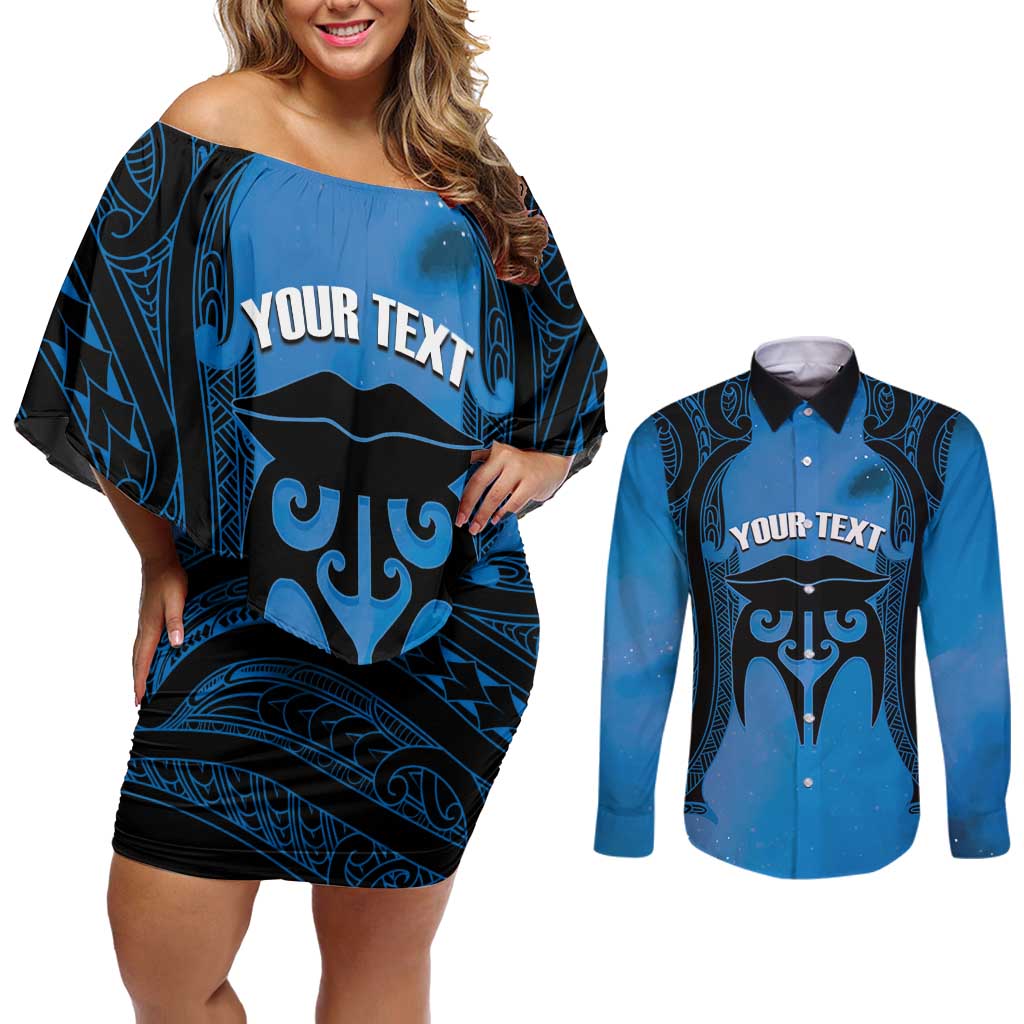 Personalised Moko Kauae New Zealand Couples Matching Off Shoulder Short Dress and Long Sleeve Button Shirt Maori Chin Tattoo Blue - Polynesian Pride