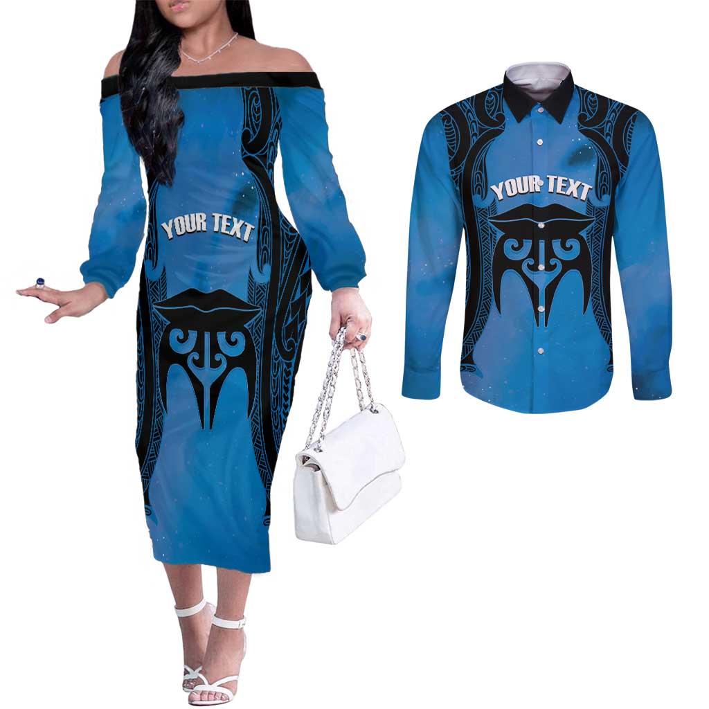 Personalised Moko Kauae New Zealand Couples Matching Off The Shoulder Long Sleeve Dress and Long Sleeve Button Shirt Maori Chin Tattoo Blue - Polynesian Pride