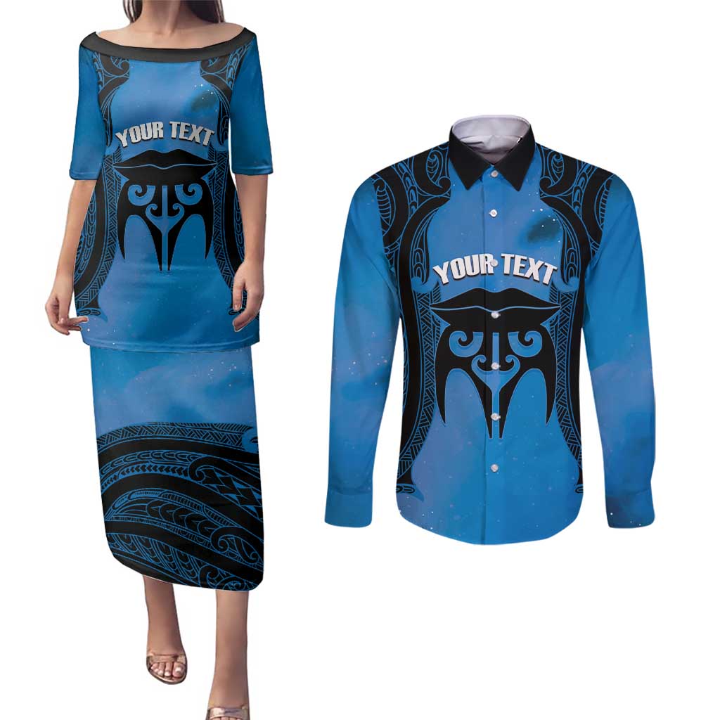 Personalised Moko Kauae New Zealand Couples Matching Puletasi and Long Sleeve Button Shirt Maori Chin Tattoo Blue - Polynesian Pride