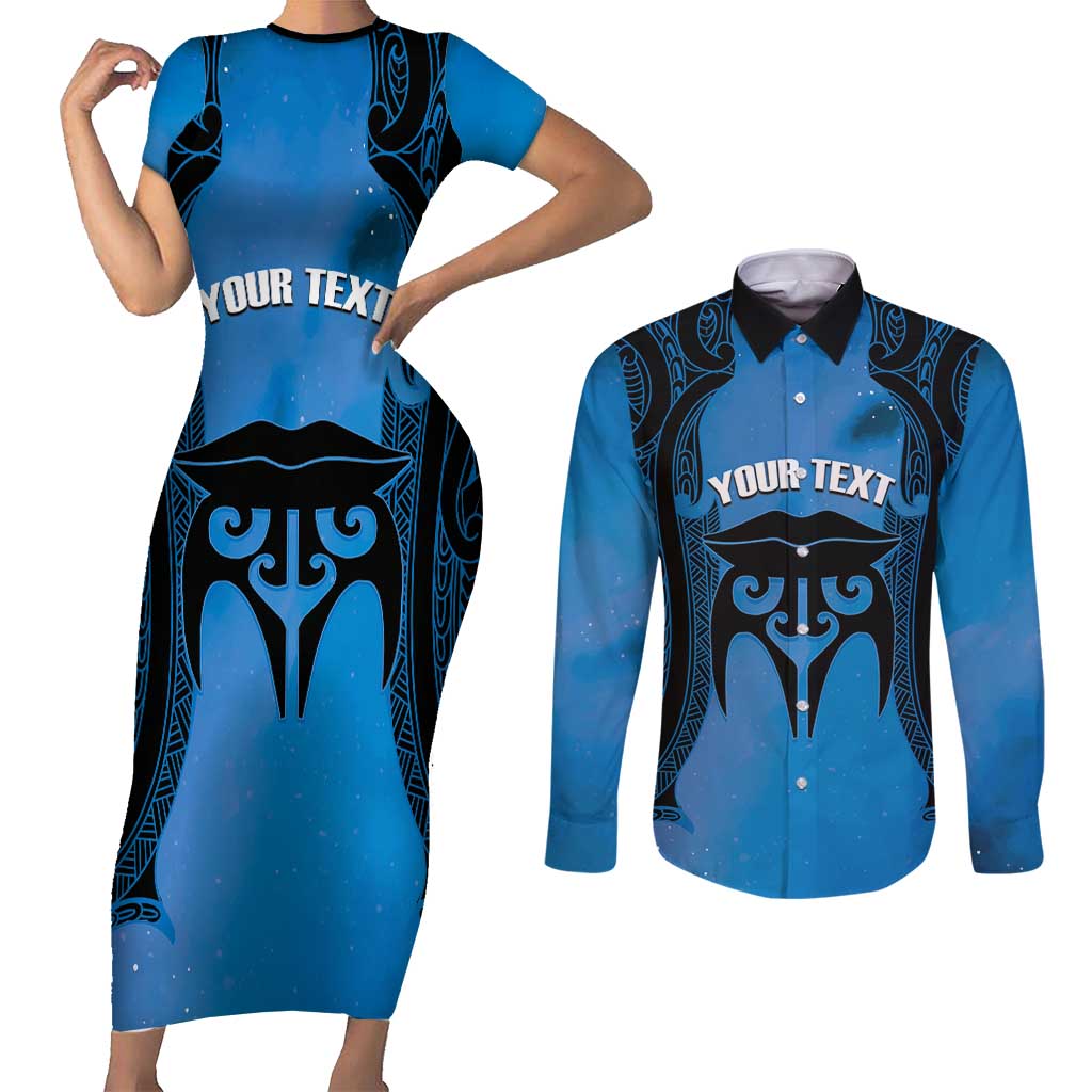 Personalised Moko Kauae New Zealand Couples Matching Short Sleeve Bodycon Dress and Long Sleeve Button Shirt Maori Chin Tattoo Blue - Polynesian Pride