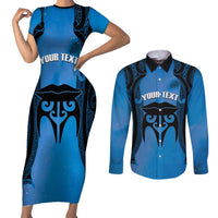 Personalised Moko Kauae New Zealand Couples Matching Short Sleeve Bodycon Dress and Long Sleeve Button Shirt Maori Chin Tattoo Blue - Polynesian Pride