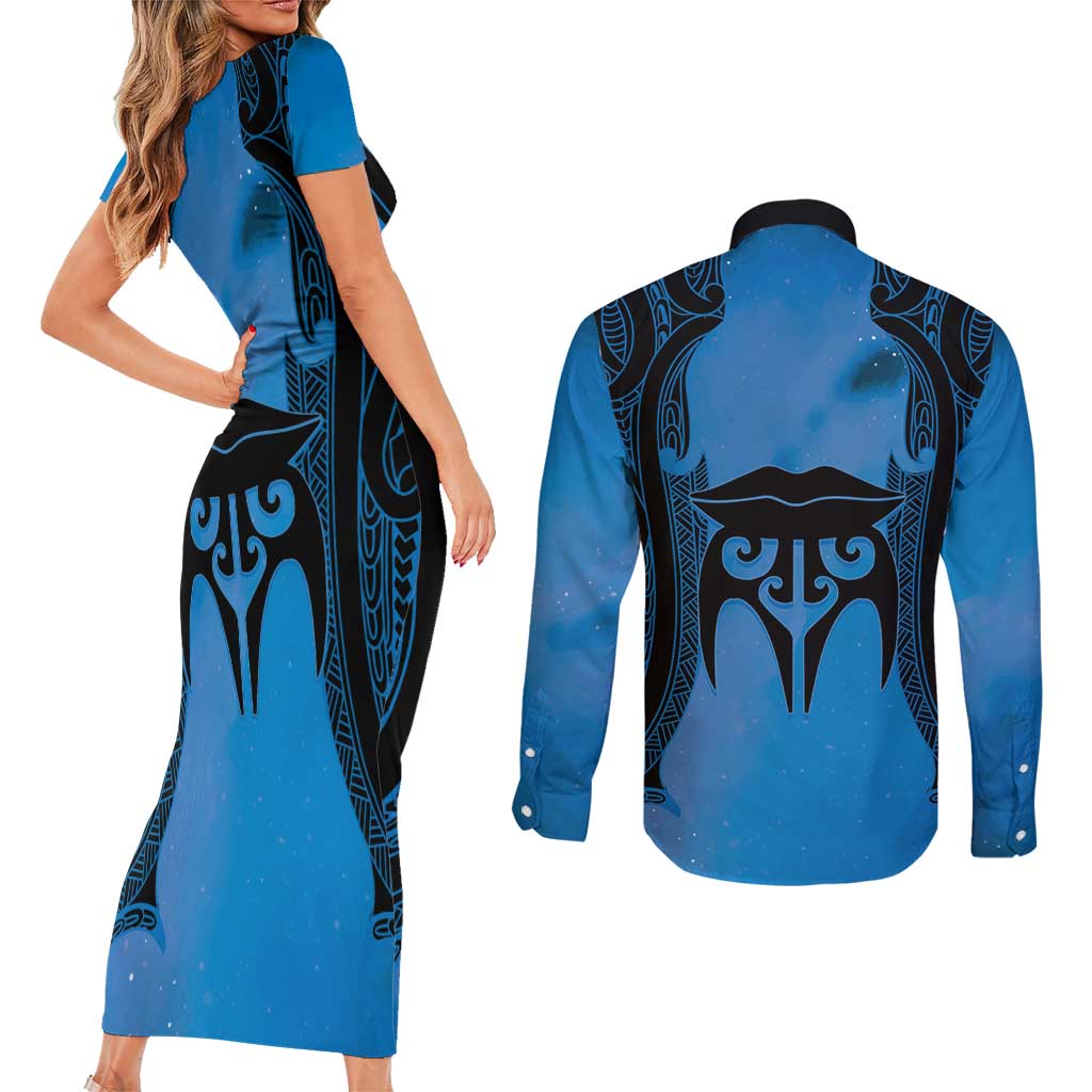 Personalised Moko Kauae New Zealand Couples Matching Short Sleeve Bodycon Dress and Long Sleeve Button Shirt Maori Chin Tattoo Blue - Polynesian Pride