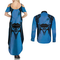 Personalised Moko Kauae New Zealand Couples Matching Summer Maxi Dress and Long Sleeve Button Shirt Maori Chin Tattoo Blue - Polynesian Pride