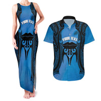 Personalised Moko Kauae New Zealand Couples Matching Tank Maxi Dress and Hawaiian Shirt Maori Chin Tattoo Blue - Polynesian Pride