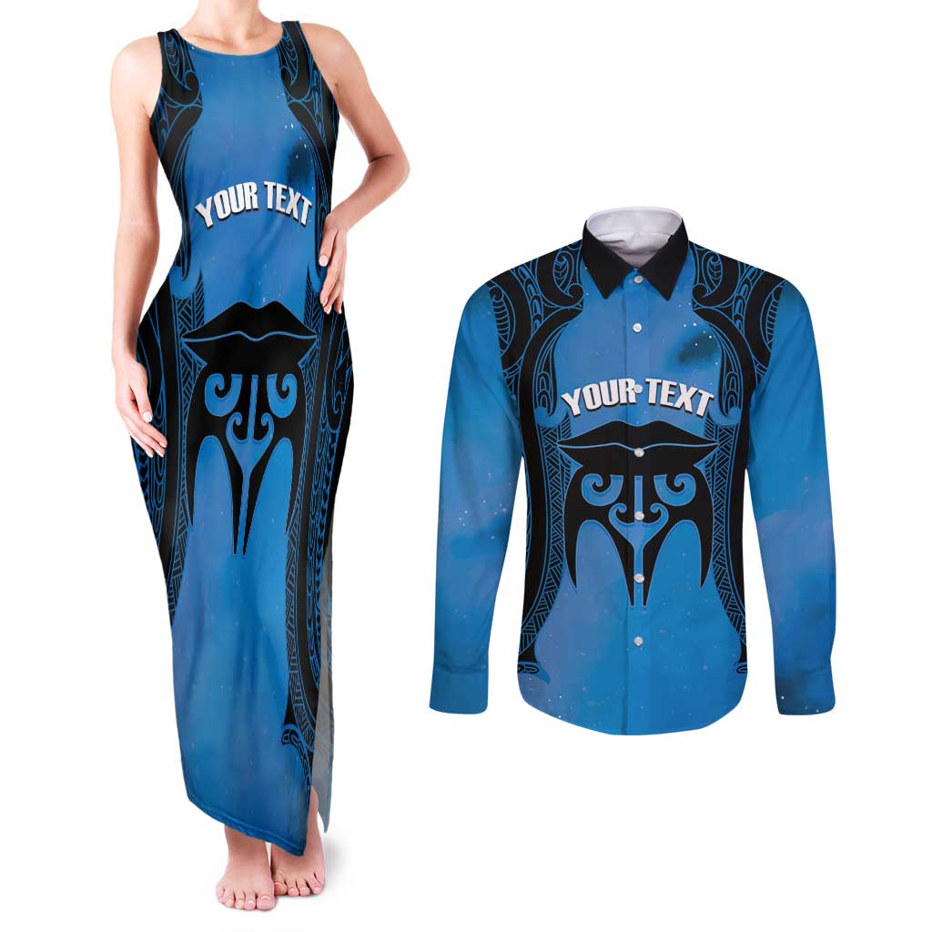 Personalised Moko Kauae New Zealand Couples Matching Tank Maxi Dress and Long Sleeve Button Shirt Maori Chin Tattoo Blue - Polynesian Pride