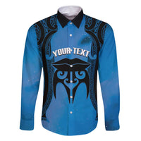 Personalised Moko Kauae New Zealand Family Matching Long Sleeve Bodycon Dress and Hawaiian Shirt Maori Chin Tattoo Blue - Polynesian Pride