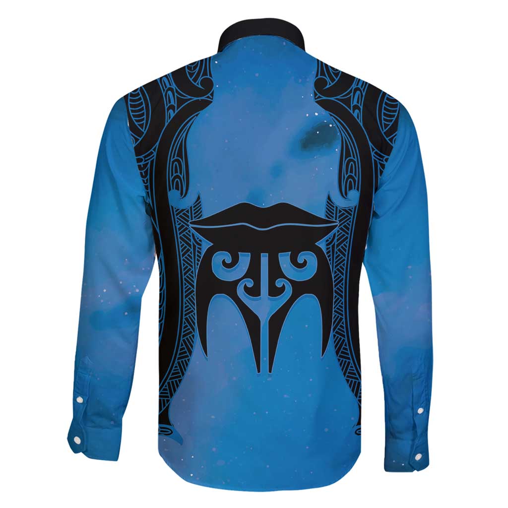 Personalised Moko Kauae New Zealand Family Matching Long Sleeve Bodycon Dress and Hawaiian Shirt Maori Chin Tattoo Blue - Polynesian Pride