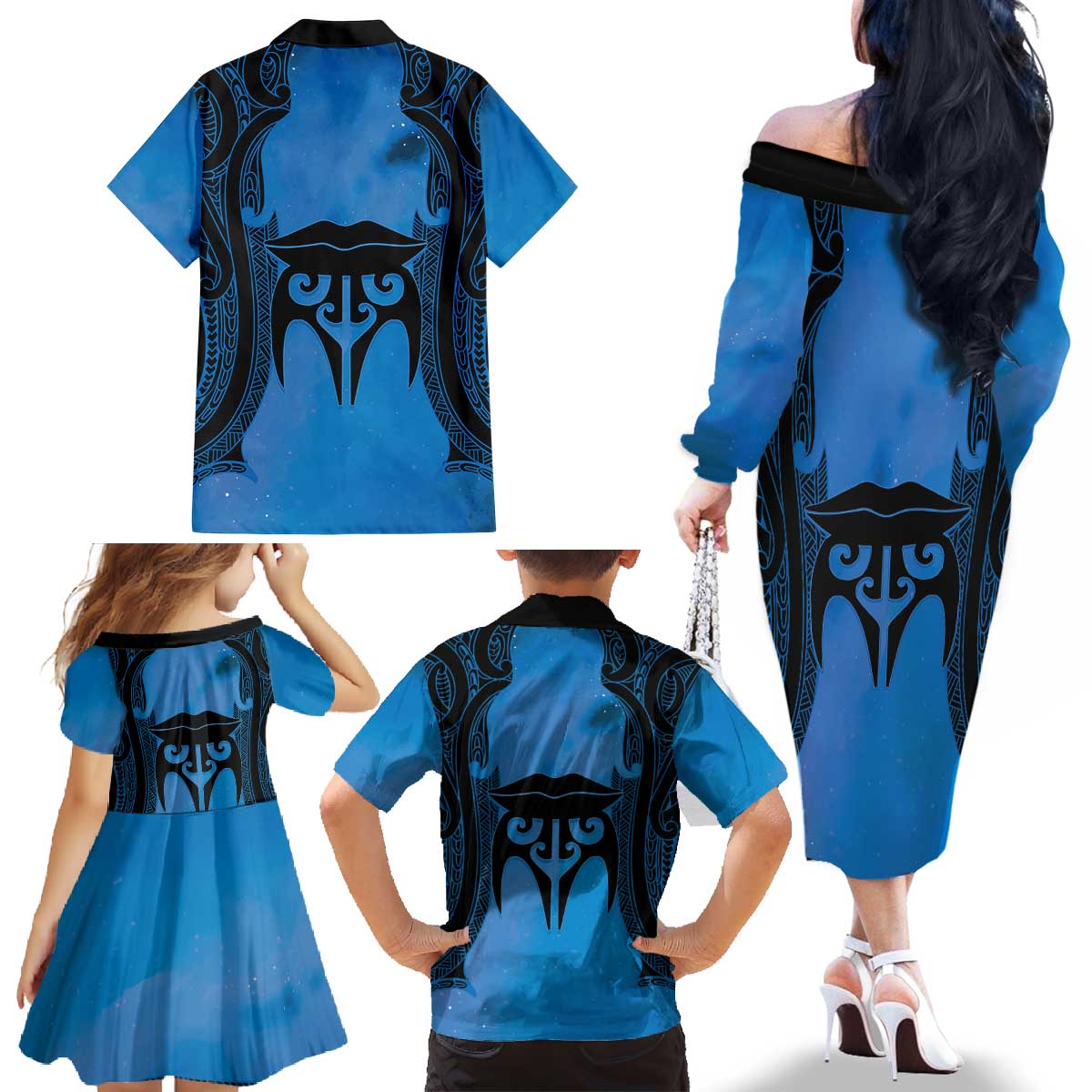 Personalised Moko Kauae New Zealand Family Matching Off The Shoulder Long Sleeve Dress and Hawaiian Shirt Maori Chin Tattoo Blue - Polynesian Pride