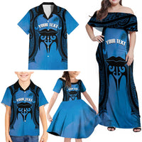 Personalised Moko Kauae New Zealand Family Matching Off Shoulder Maxi Dress and Hawaiian Shirt Maori Chin Tattoo Blue - Polynesian Pride