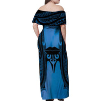 Personalised Moko Kauae New Zealand Family Matching Off Shoulder Maxi Dress and Hawaiian Shirt Maori Chin Tattoo Blue - Polynesian Pride