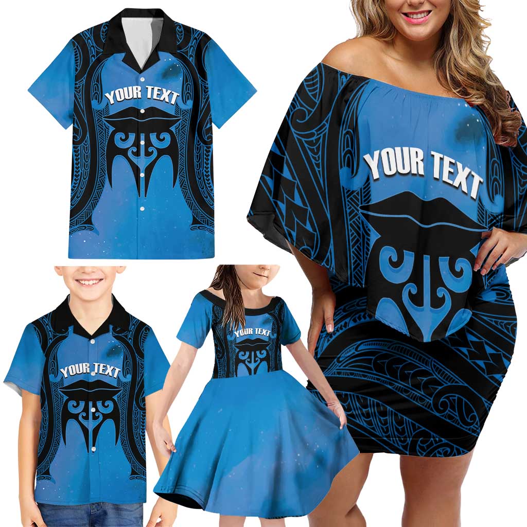 Personalised Moko Kauae New Zealand Family Matching Off Shoulder Short Dress and Hawaiian Shirt Maori Chin Tattoo Blue - Polynesian Pride