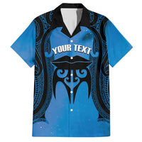 Personalised Moko Kauae New Zealand Family Matching Off Shoulder Short Dress and Hawaiian Shirt Maori Chin Tattoo Blue - Polynesian Pride