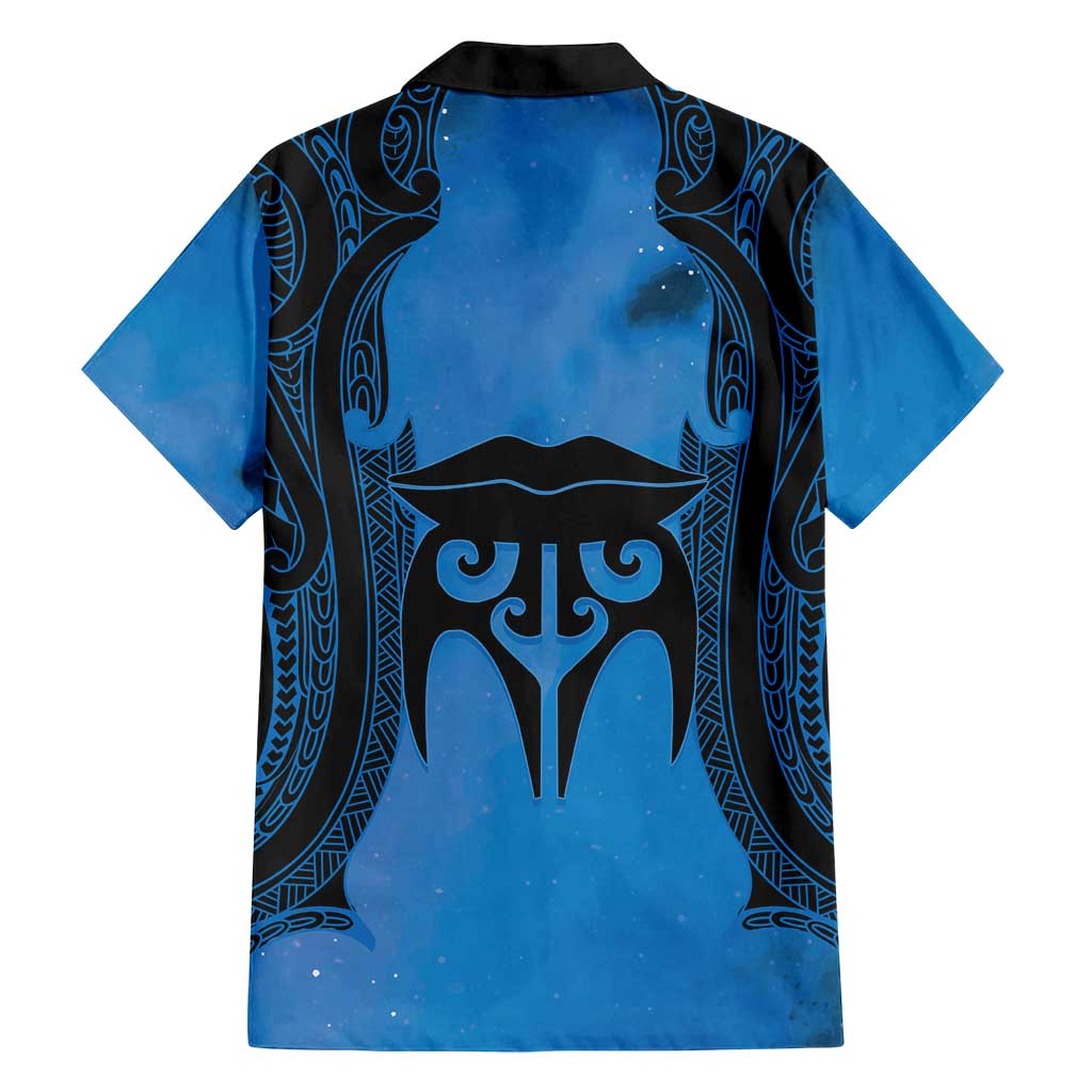 Personalised Moko Kauae New Zealand Family Matching Off Shoulder Short Dress and Hawaiian Shirt Maori Chin Tattoo Blue - Polynesian Pride