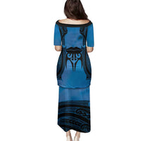 Personalised Moko Kauae New Zealand Family Matching Puletasi and Hawaiian Shirt Maori Chin Tattoo Blue - Polynesian Pride