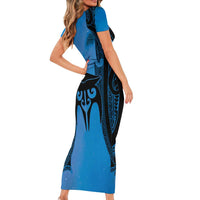 Personalised Moko Kauae New Zealand Family Matching Short Sleeve Bodycon Dress and Hawaiian Shirt Maori Chin Tattoo Blue - Polynesian Pride