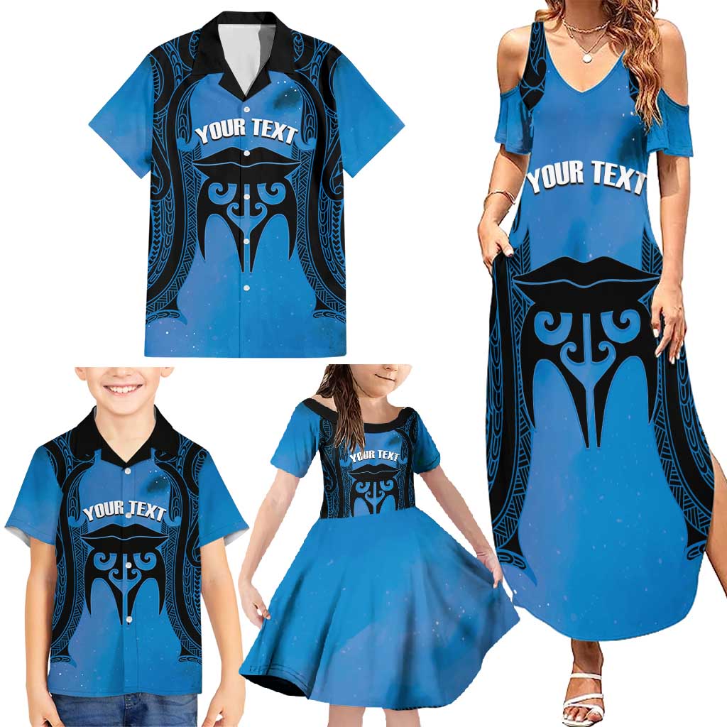 Personalised Moko Kauae New Zealand Family Matching Summer Maxi Dress and Hawaiian Shirt Maori Chin Tattoo Blue - Polynesian Pride
