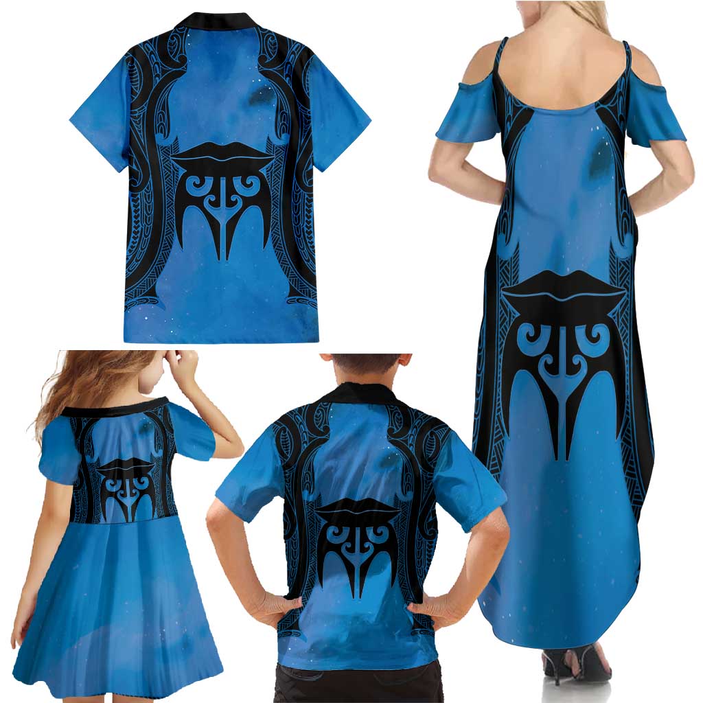 Personalised Moko Kauae New Zealand Family Matching Summer Maxi Dress and Hawaiian Shirt Maori Chin Tattoo Blue - Polynesian Pride