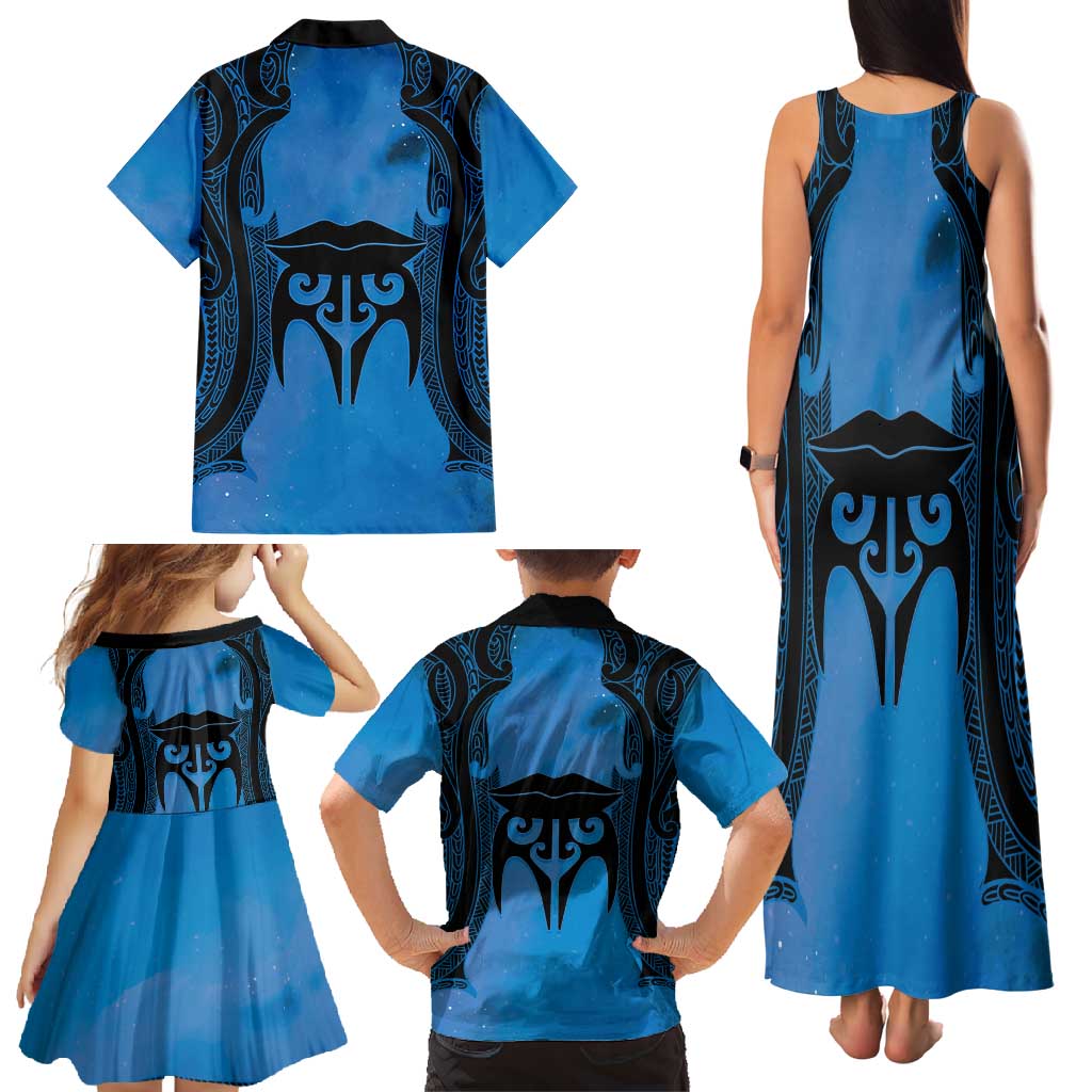 Personalised Moko Kauae New Zealand Family Matching Tank Maxi Dress and Hawaiian Shirt Maori Chin Tattoo Blue - Polynesian Pride