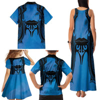 Personalised Moko Kauae New Zealand Family Matching Tank Maxi Dress and Hawaiian Shirt Maori Chin Tattoo Blue - Polynesian Pride