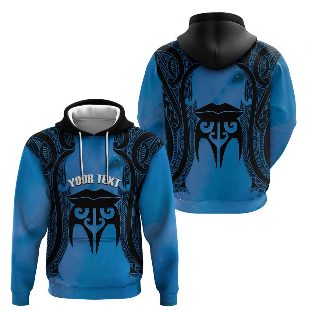 Personalised Moko Kauae New Zealand Hoodie Maori Chin Tattoo Blue - Polynesian Pride