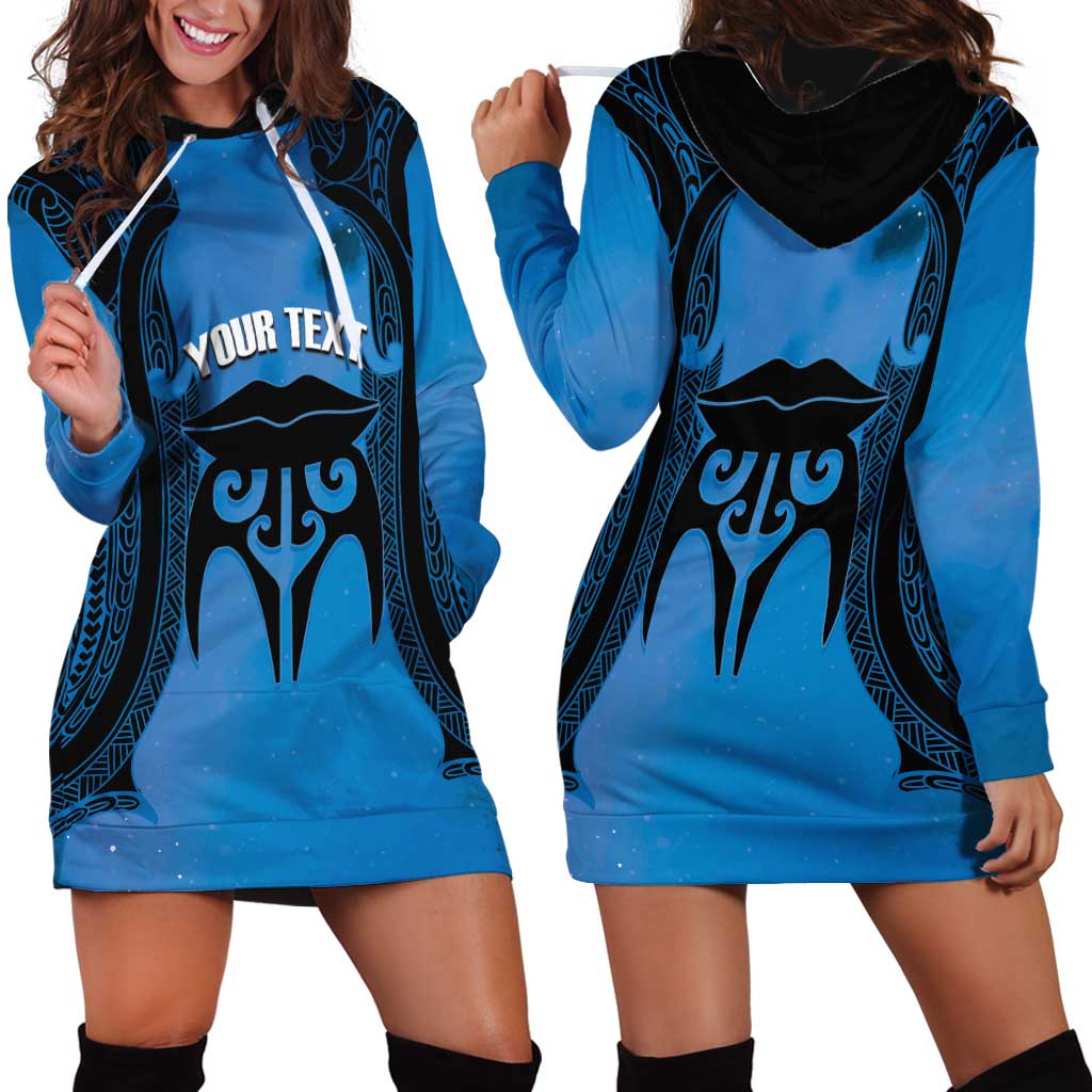 Personalised Moko Kauae New Zealand Hoodie Dress Maori Chin Tattoo Blue - Polynesian Pride