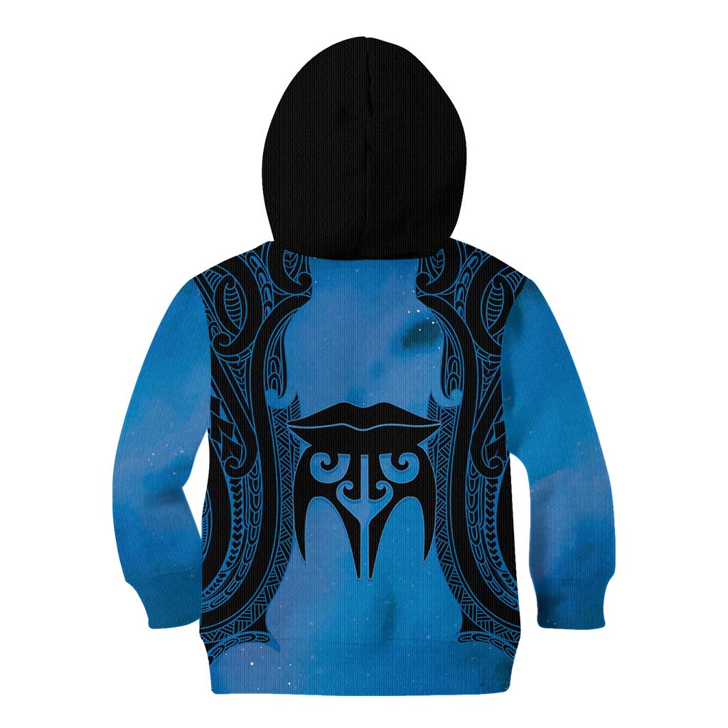 Personalised Moko Kauae New Zealand Kid Hoodie Maori Chin Tattoo Blue - Polynesian Pride