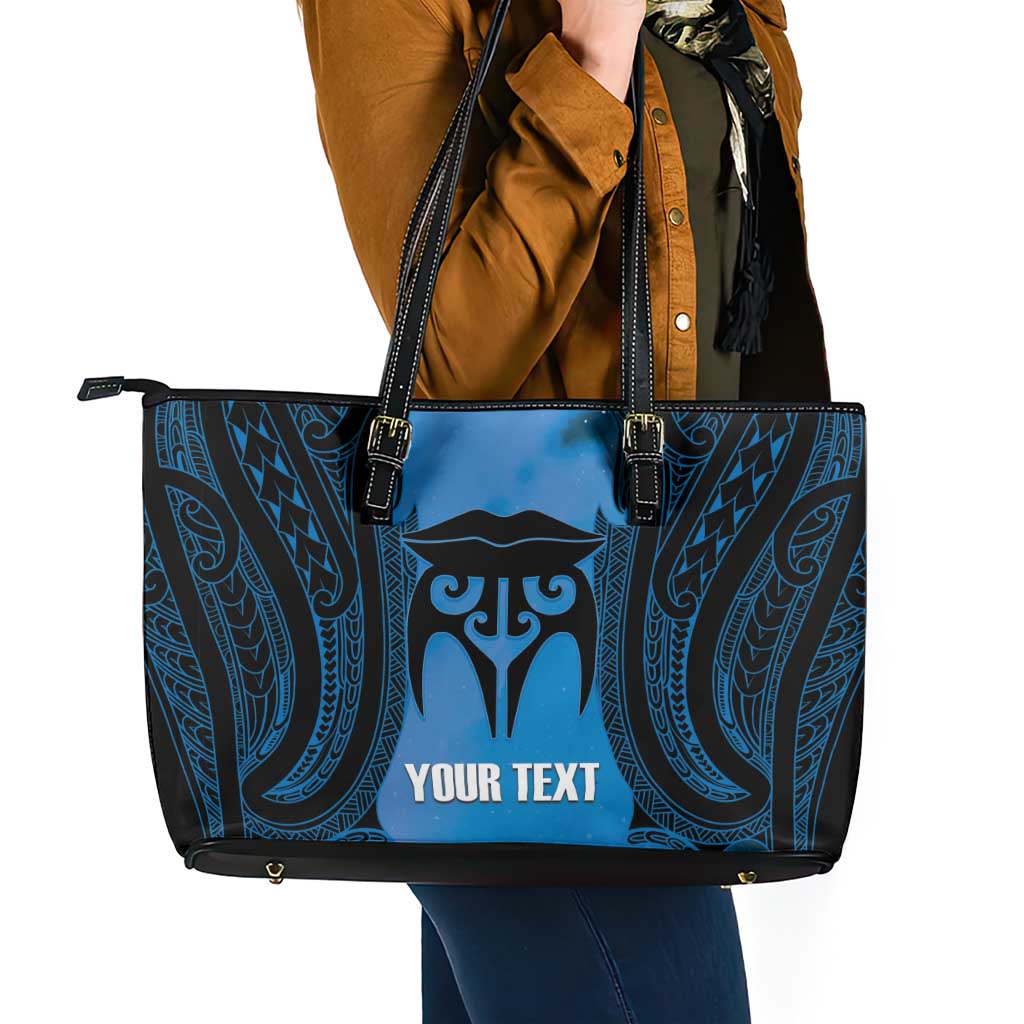 Personalised Moko Kauae New Zealand Leather Tote Bag Maori Chin Tattoo Blue - Polynesian Pride