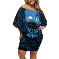 Personalised Moko Kauae New Zealand Off Shoulder Short Dress Maori Chin Tattoo Blue - Polynesian Pride