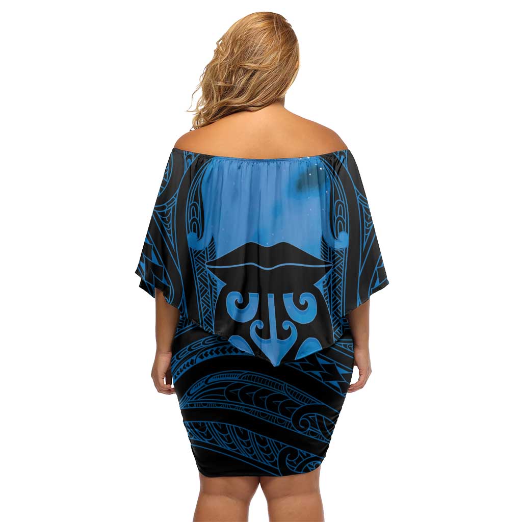 Personalised Moko Kauae New Zealand Off Shoulder Short Dress Maori Chin Tattoo Blue - Polynesian Pride