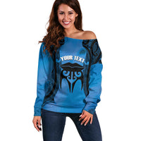 Personalised Moko Kauae New Zealand Off Shoulder Sweater Maori Chin Tattoo Blue - Polynesian Pride