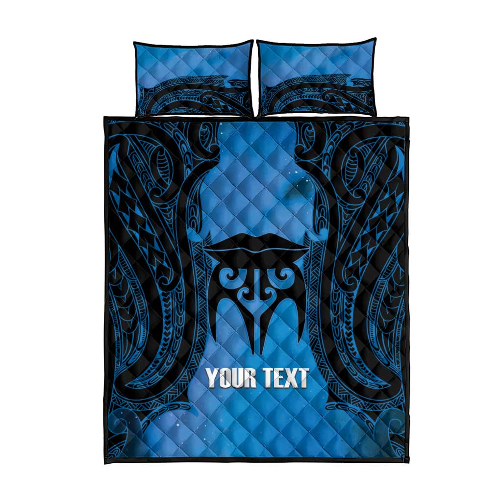 Personalised Moko Kauae New Zealand Quilt Bed Set Maori Chin Tattoo Blue - Polynesian Pride
