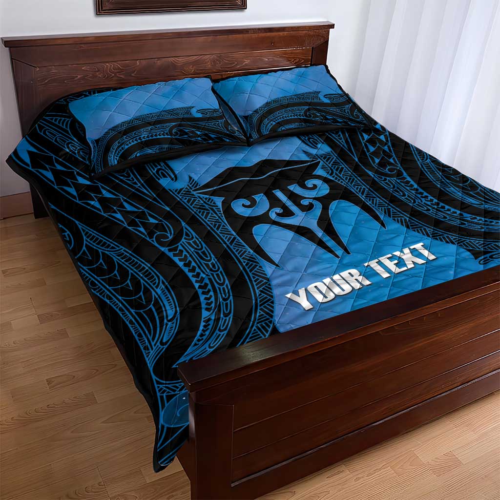 Personalised Moko Kauae New Zealand Quilt Bed Set Maori Chin Tattoo Blue - Polynesian Pride