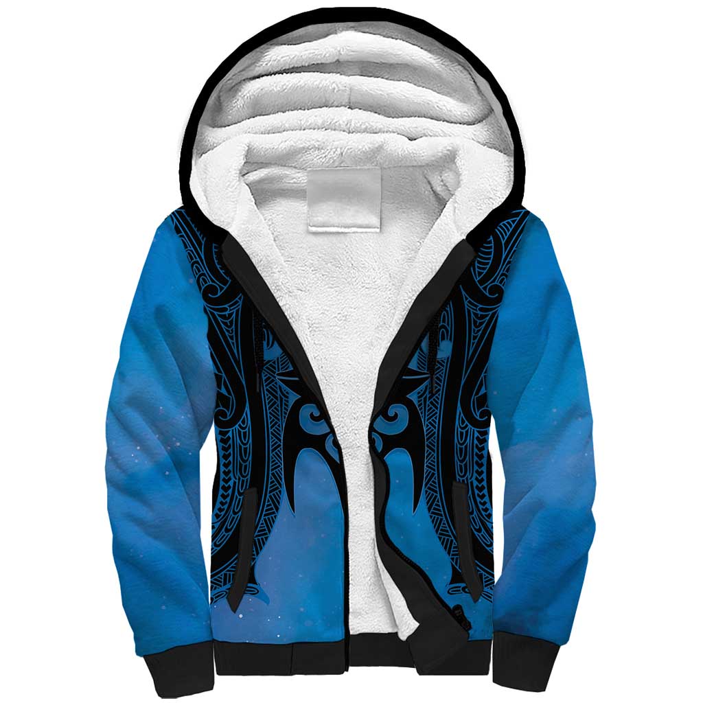 Personalised Moko Kauae New Zealand Sherpa Hoodie Maori Chin Tattoo Blue - Polynesian Pride