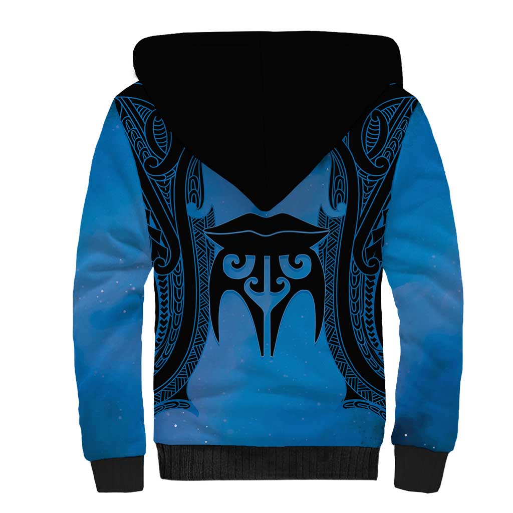 Personalised Moko Kauae New Zealand Sherpa Hoodie Maori Chin Tattoo Blue - Polynesian Pride