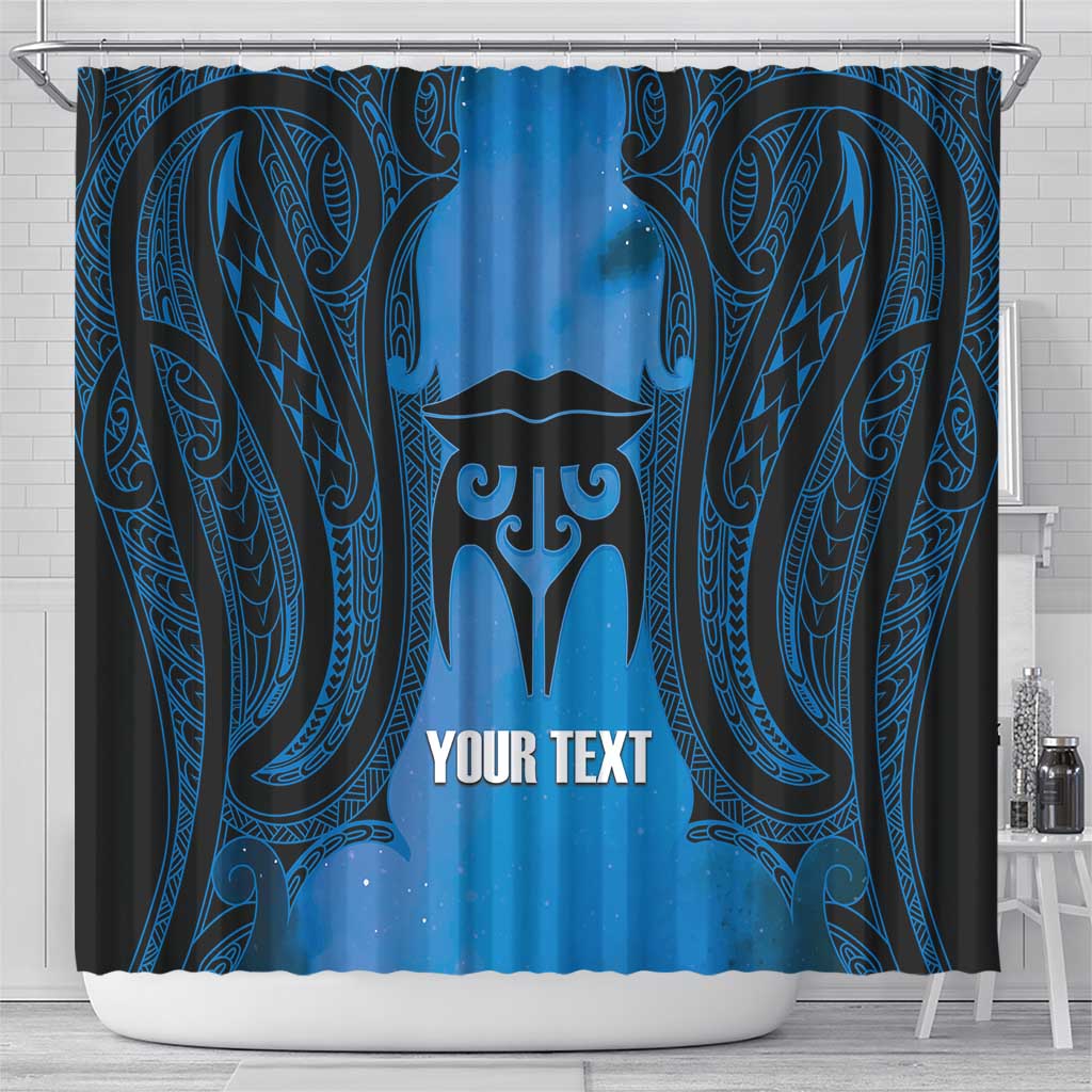 Personalised Moko Kauae New Zealand Shower Curtain Maori Chin Tattoo Blue - Polynesian Pride