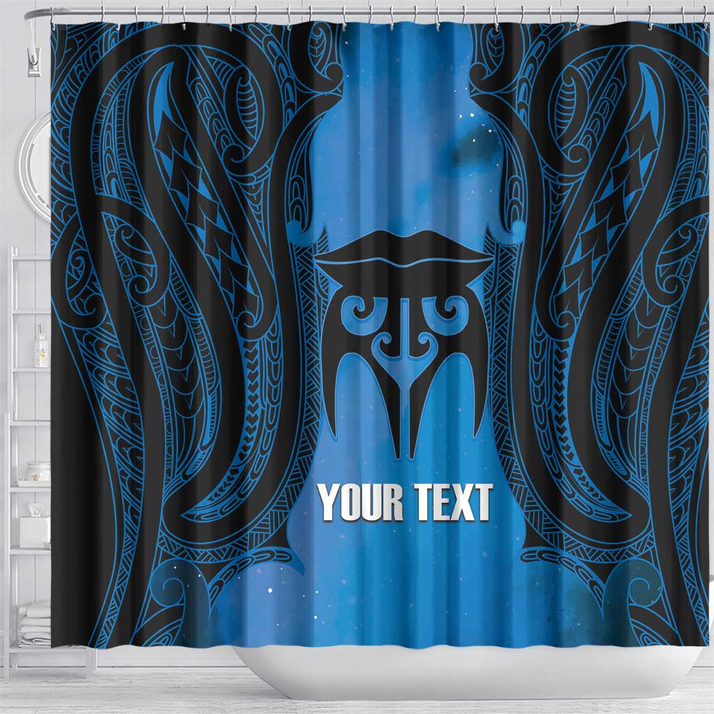 Personalised Moko Kauae New Zealand Shower Curtain Maori Chin Tattoo Blue - Polynesian Pride