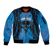 Personalised Moko Kauae New Zealand Sleeve Zip Bomber Jacket Maori Chin Tattoo Blue - Polynesian Pride