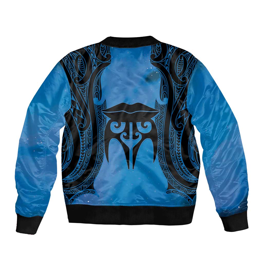 Personalised Moko Kauae New Zealand Sleeve Zip Bomber Jacket Maori Chin Tattoo Blue - Polynesian Pride