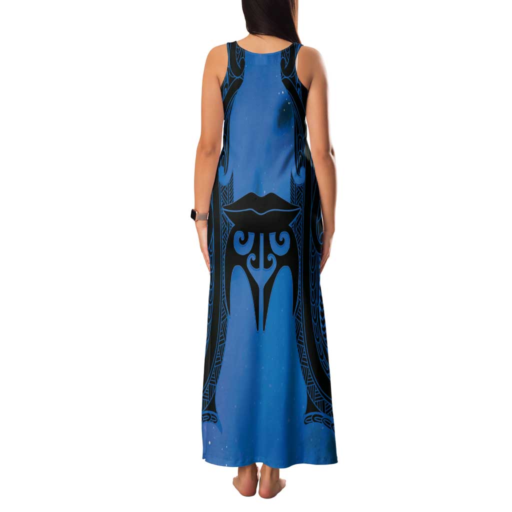 Personalised Moko Kauae New Zealand Tank Maxi Dress Maori Chin Tattoo Blue - Polynesian Pride