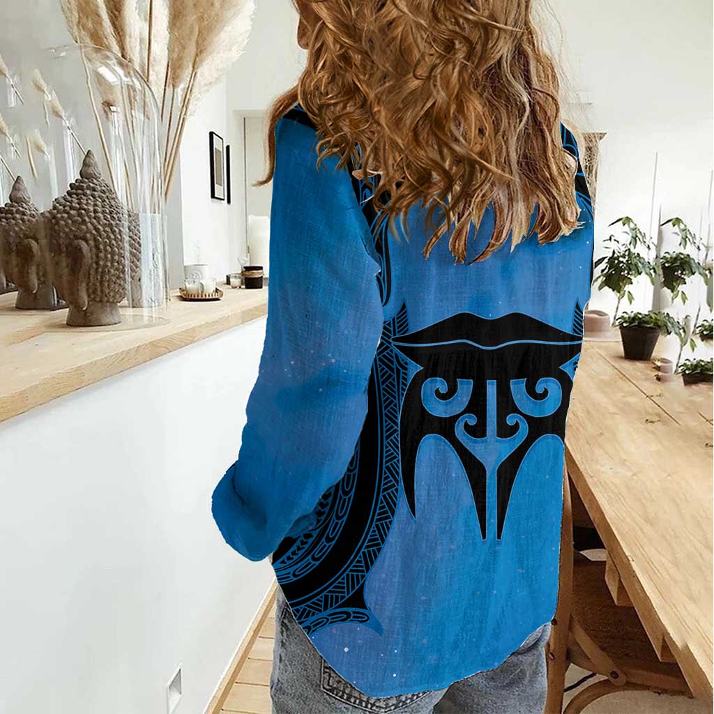 Personalised Moko Kauae New Zealand Women Casual Shirt Maori Chin Tattoo Blue - Polynesian Pride