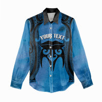 Personalised Moko Kauae New Zealand Women Casual Shirt Maori Chin Tattoo Blue - Polynesian Pride