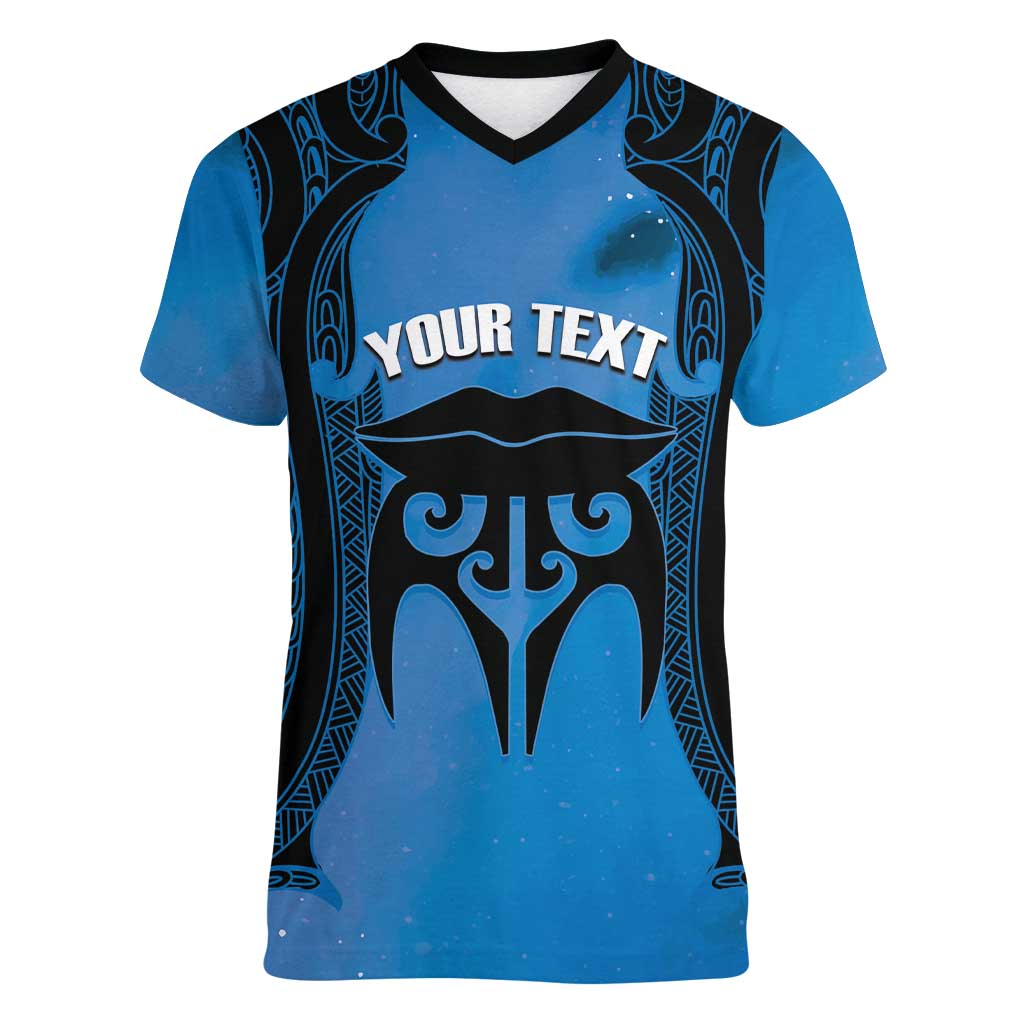 Personalised Moko Kauae New Zealand Women V-Neck T-Shirt Maori Chin Tattoo Blue - Polynesian Pride