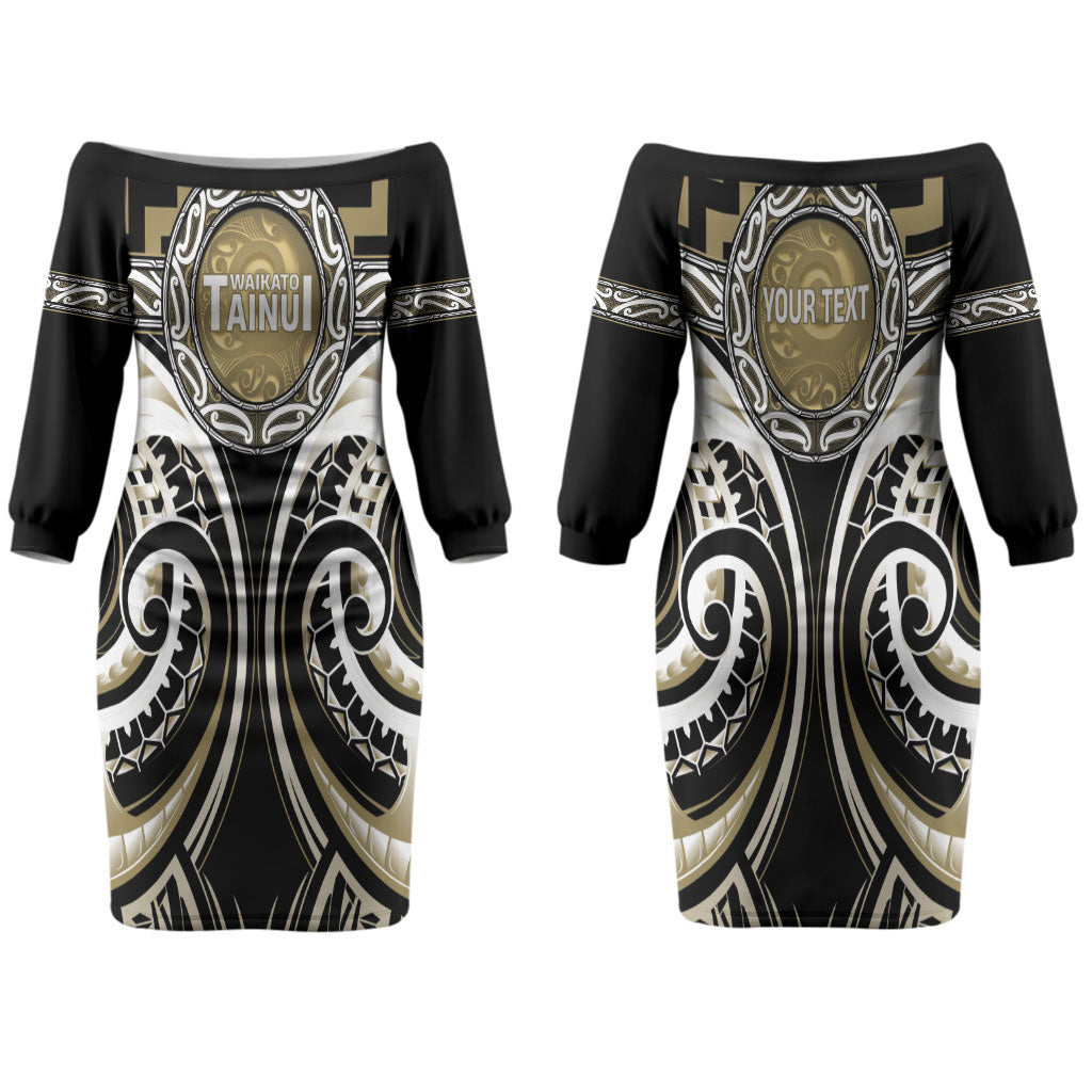 Aotearoa Waikato Tainui Personalised Couples Matching Off The Shoulder Long Sleeve Dress and Hawaiian Shirt Maori Iwi Poutama Puhoro Tattoo LT14 - Polynesian Pride