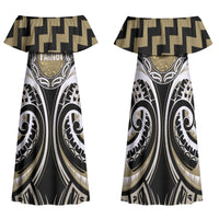 Aotearoa Waikato Tainui Personalised Family Matching Off Shoulder Maxi Dress and Hawaiian Shirt Maori Iwi Poutama Puhoro Tattoo LT14 Mom's Dress Old Yellow - Polynesian Pride