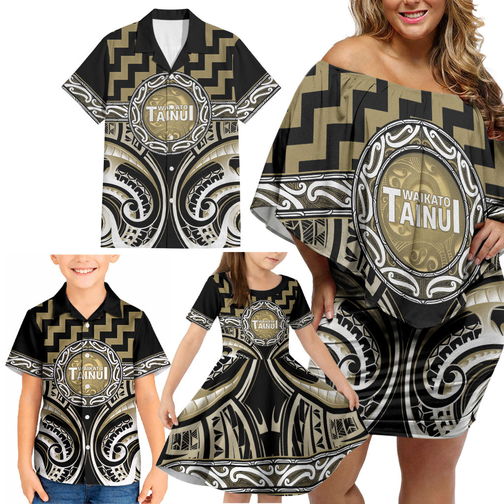 Aotearoa Waikato Tainui Personalised Family Matching Off Shoulder Short Dress and Hawaiian Shirt Maori Iwi Poutama Puhoro Tattoo LT14 - Polynesian Pride