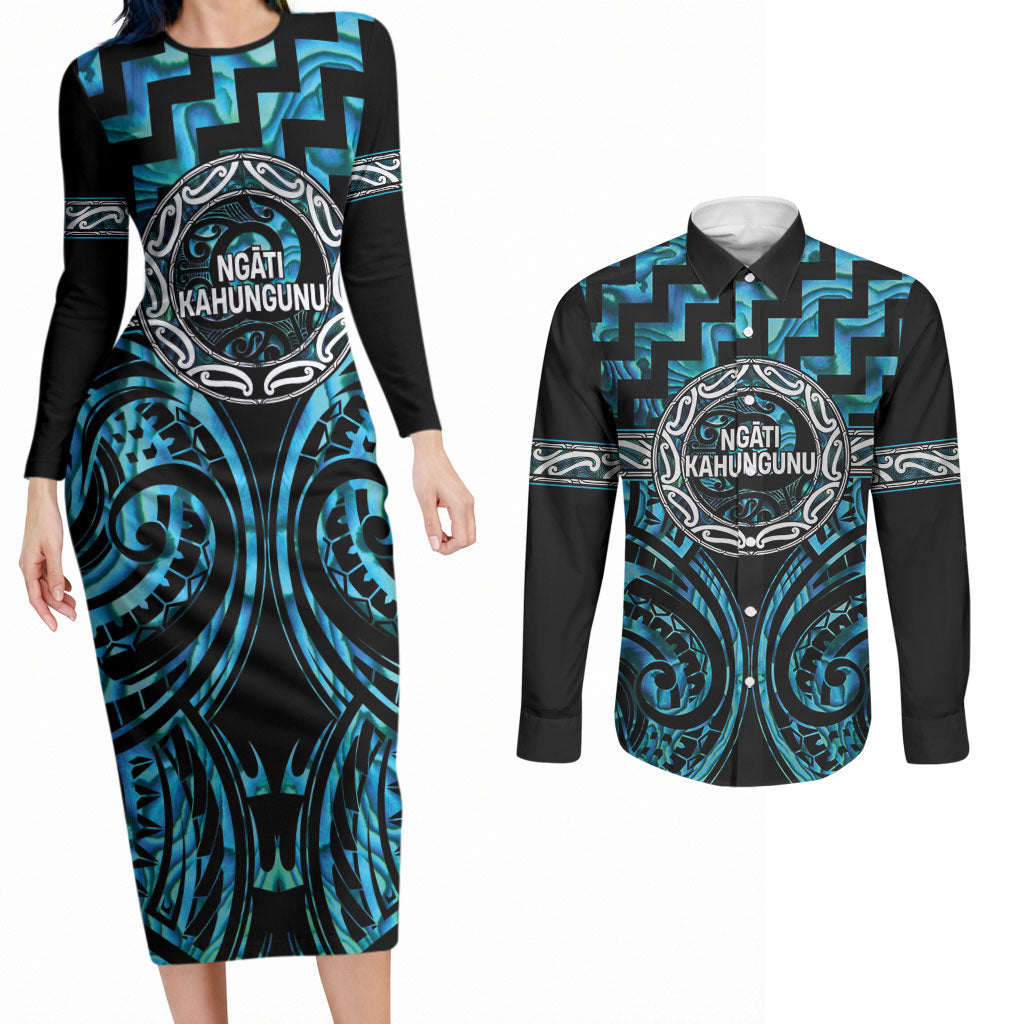 Aotearoa Ngati Kahungunu Personalised Couples Matching Long Sleeve Bodycon Dress and Long Sleeve Button Shirt Maori Iwi Poutama Puhoro Tattoo LT14 Turquoise - Polynesian Pride