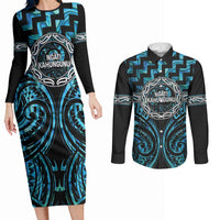 Aotearoa Ngati Kahungunu Personalised Couples Matching Long Sleeve Bodycon Dress and Long Sleeve Button Shirt Maori Iwi Poutama Puhoro Tattoo LT14 Turquoise - Polynesian Pride
