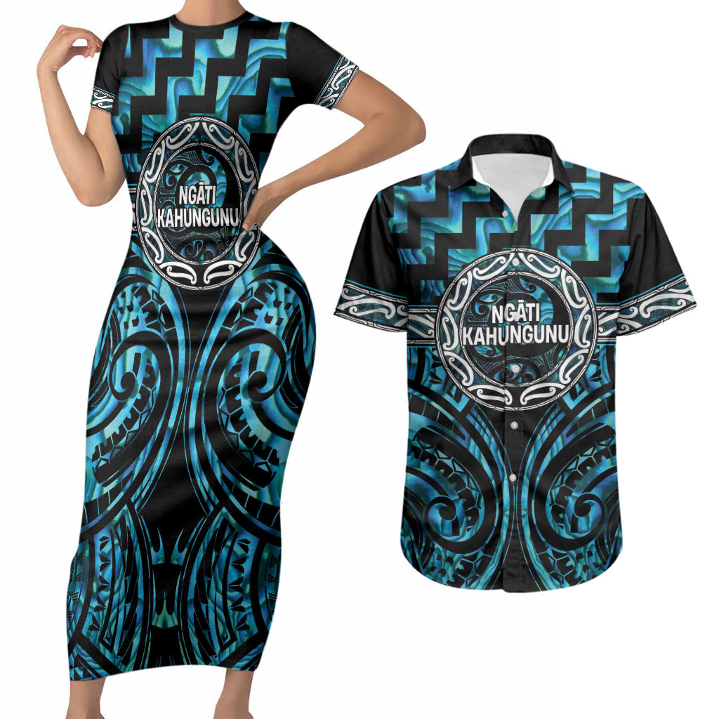 Aotearoa Ngati Kahungunu Personalised Couples Matching Short Sleeve Bodycon Dress and Hawaiian Shirt Maori Iwi Poutama Puhoro Tattoo LT14 Turquoise - Polynesian Pride